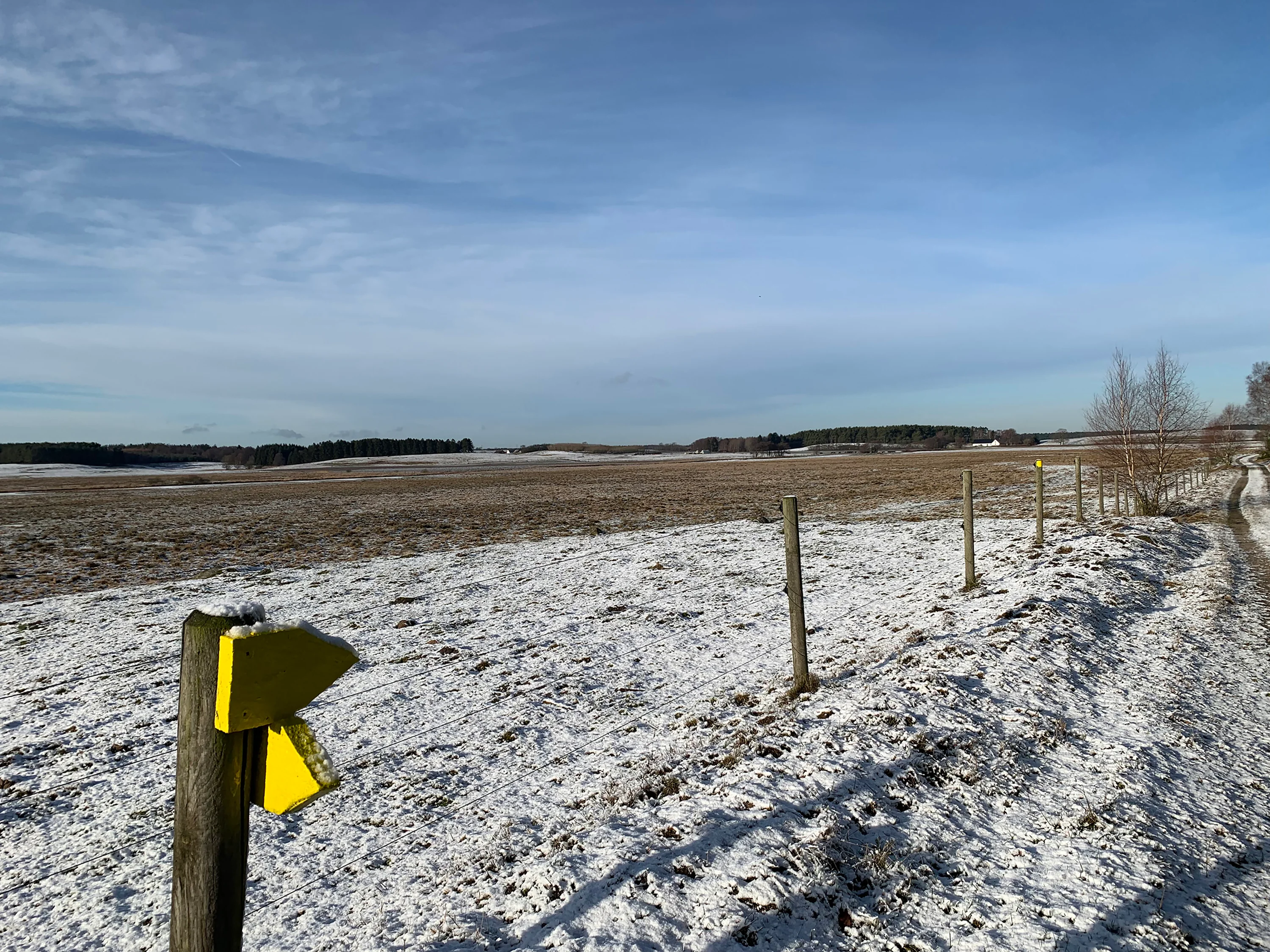 Utsikt över ett platt landskap med markerad slinga
